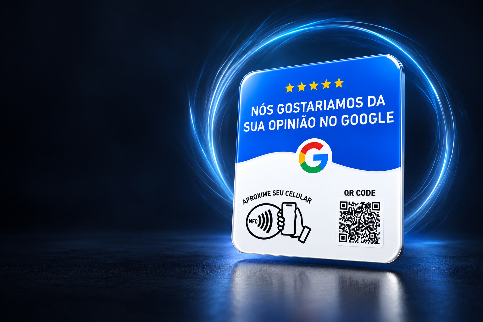 Placa POG REVIEW com NFC e QR Code em um cenário azul